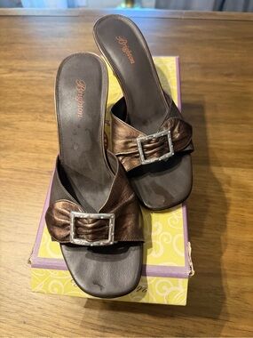 Brighton Metallic Bronze Buckle Slide Mules